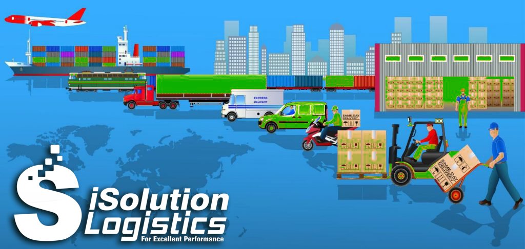Illustration of the iSolution Logistics shipping process by truck, ship, air and warehouse