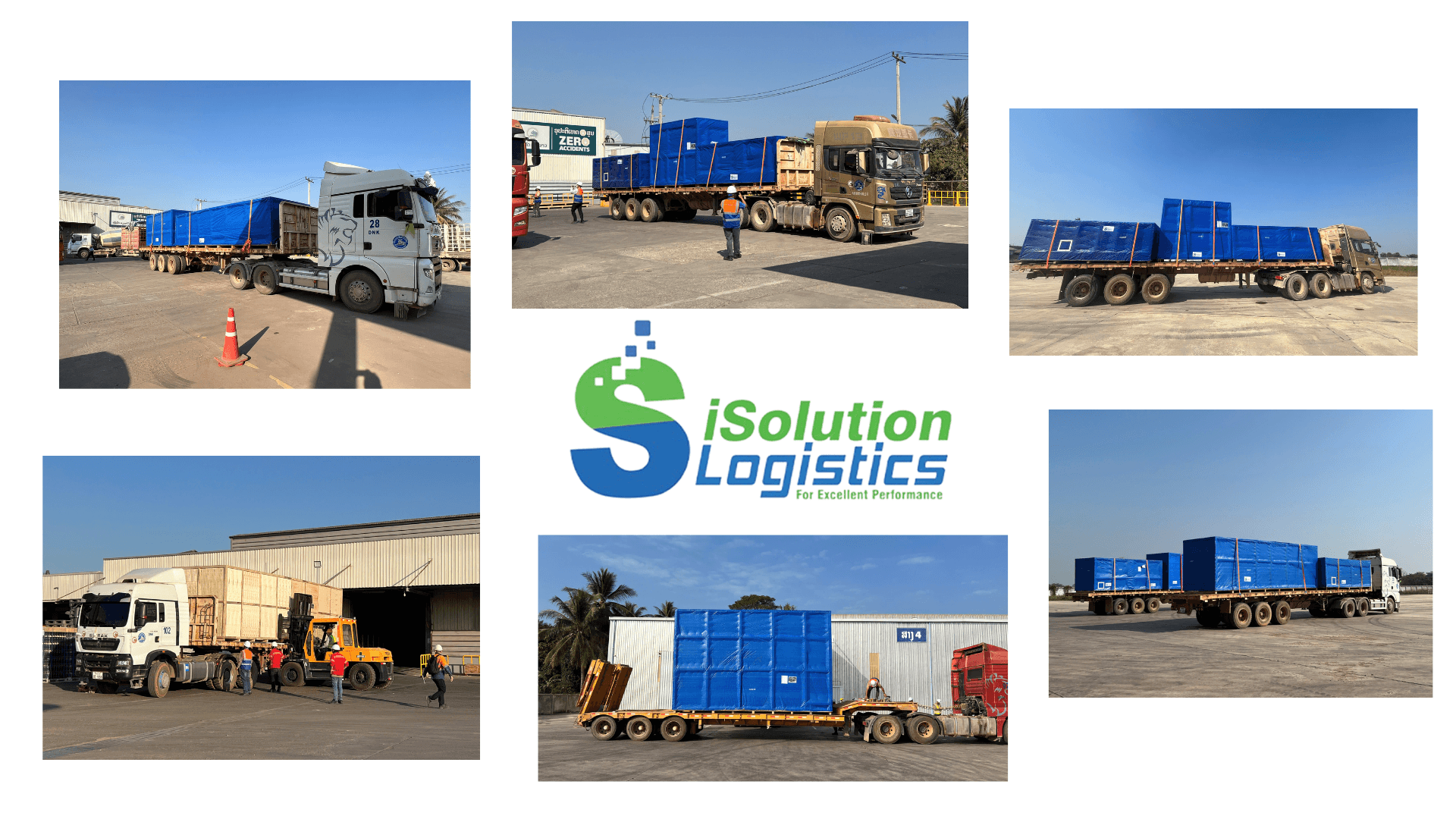 Trucks carrying blue cargo crates, iSolution Logistics project cargo