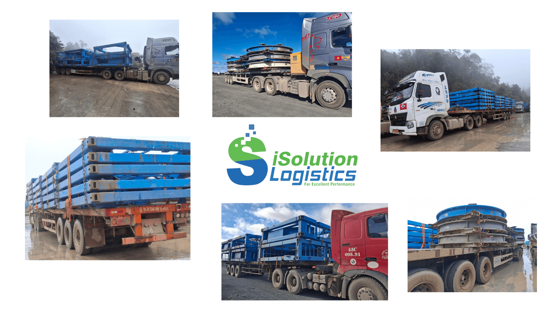 Flatbed trucks carrying blue steel structures, iSolution Logistics