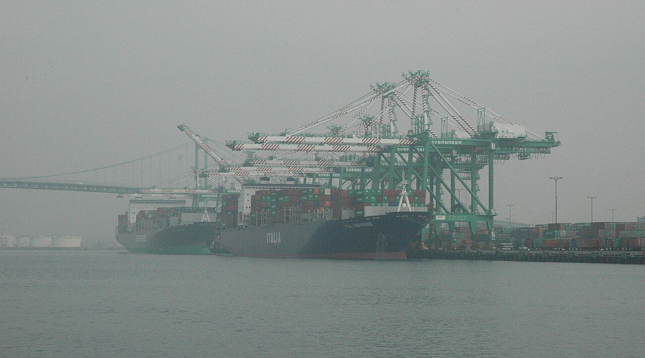 Container terminal and ship-to-shore cranes at San Pedro, Los Angeles